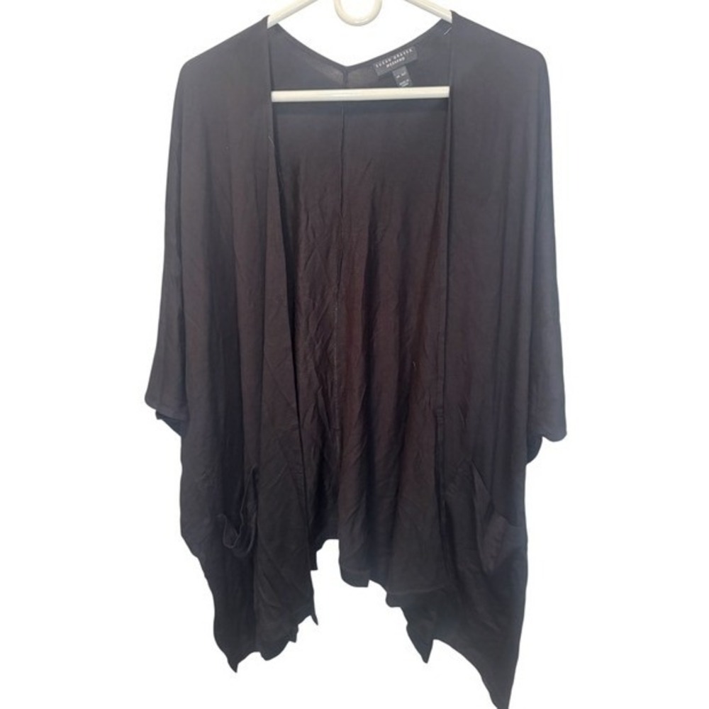 Susan Graver Weekend Black Open Front Cardigan Kimono Sleeve Pockets XLP NEW
